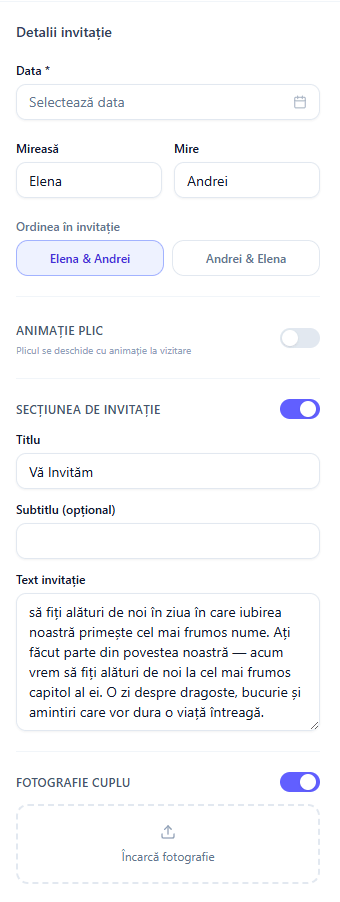Personalizarea elementelor din invitație